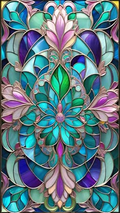 a stained glass window with an abstract flower design in blue, green and pink colors