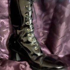 Vintage Euro Club Boots. Patent Leather. Victorian Heel. Cottage Core. Witchy, Deadstock. Worn Once. Shiny. Bad A$$. Gothic Fitted Boots For Formal Occasions, Formal Gothic Boots With Pointed Toe, Fitted Gothic Boots For Formal Occasions, Black Gothic Heels For Evening, Gothic Black Heels For Evening, Gothic Black Evening Heels, Party Boots With Pointed Toe And Rubber Heel Cap, Gothic Formal Boots With Round Toe, Gothic Round Toe Heels For Evening