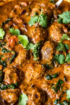 a close up of a bowl of food with meatballs and cilantro