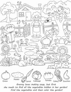 a coloring page with an image of vegetables and other things in the garden on it