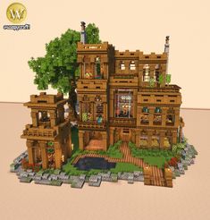 an image of a large house made out of wood and stone with lots of windows