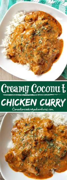 creamy coconut chicken curry with white rice on a plate