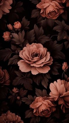 a bunch of flowers that are on a black background with pink and brown leaves in the middle