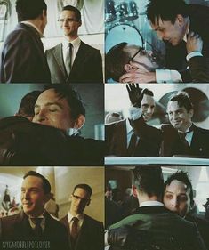 several pictures of men in suits and ties talking to each other, one is holding his head