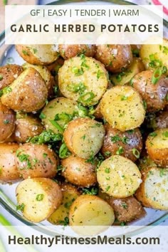 garlic herb potatoes in a bowl with text overlay