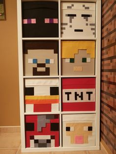 a bookcase made to look like an old video game character