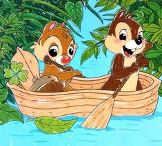 two cartoon animals are in a boat on the water and one is holding a leaf