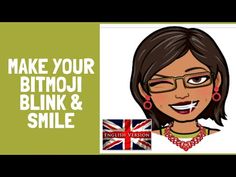 a woman with glasses and a british flag in front of the words make your bitmoji blink & smile