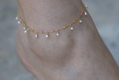 Materials - 14k yellow gold filled, freshwater pearl Gold Pearl Anklets As Gift, Gold Pearl Anklets For Gift, Dainty Pearl Gold Anklets, Gold Pearl Anklet With Pearl Charm, Gold Anklets With Pearl Charm As Gift, Gold Anklets With Pearl Charm For Gift, Dainty Gold Anklets With Pearl Chain, Elegant Gold Dangle Anklets, Gold Dainty Anklets With Pearl Charm