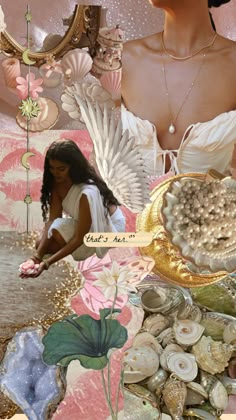 a collage with an image of a woman surrounded by seashells and shells