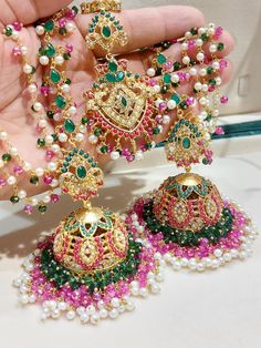 Accessorise with a bit of colour and the latest fashion Stunning statement new in Nauratan Jhumkey Earrings with Stunning Saharey and Tikka Set in Gold Finishing in Various Colours Statement Accessory Item to bling up any outfit to wear at any special occasion Nauratan Jewellery Indian Weddings, Green Meenakari Anarkali Set For Wedding, Wedding Green Meenakari Anarkali Set, Green Wedding Anarkali Set With Meenakari, Traditional Nida Wear For Parties, Festive Multicolor Sets With Latkans, Traditional Nida Lehenga For Party, Party Lehenga With Stone Work For Festivals, Traditional Party Lehenga In Nida