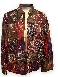 Chicos Silk Blend Jacket Sz 1 Beaded Sequin Embroidered Messinia Austere NWT | eBay Embellished Long Sleeve Outerwear With Multicolor Embroidery, Embellished Multicolor Embroidered Long Sleeve Outerwear, Festive Fitted Beaded Outerwear, Fitted Long Sleeve Beaded Outerwear, Open Jacket, No Closure, Costume Design, My Vibe, Vest Jacket