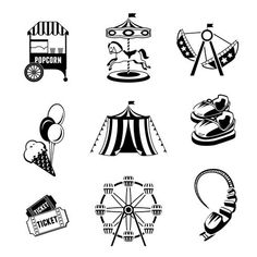 black and white circus icons set with ferris wheel, carnival tent, ticket booth, balloon