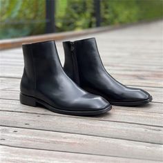 Men's ankle boots featuring a square toe and crafted from genuine leather, offering a comfortable and stylish 4cm heel. Classic Chelsea Boots With Square Toe For Winter, Classic Winter Chelsea Boots With Square Toe, Black Square Toe Mid-calf Boots, Luxury Men's Square Toe Boots, Black Square Toe Mid-calf Boots In Faux Leather, Luxury Black Square-toe Boots, Luxury Leather-lined Men's Ankle Boots, Mens Ankle Boots, Genuine Leather Boots