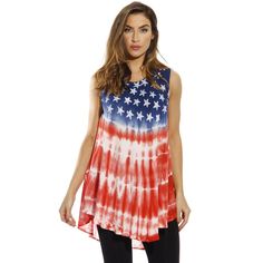 GET YOUR GROOVE ON WITH CHIC STARS AND STRIPES SLEEVELESS TOPS Slip into Boho Chic Get a head-turning boho look to stylishly complement summer this season! Riviera Suns tie and dye sleeveless U top features the famous Stars and Stripes design that's all-American in every way. It comes with the familiar blue, red, and white colors, which all depict the hues of the American flag. This is the kind of top you'd love to wear at the beach, an outdoor concert, or when you're out to chill with your frie Blue Shirts, Striped Sleeveless Top, Patriotic Outfit, Famous Stars, Casual Summer Tops, Chic Top, Tie Dye Designs, Boho Look, Shirts For Women