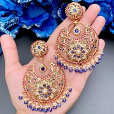 ethnic Punjabi bridal chandbali earrings Jeweled Chandbali Temple Jewelry, Festival Chandbali Pearl Earrings With Jewels, Festival Jeweled Chandbali Pearl Earrings, Jeweled Chandbalis For Festivals, Chandbali Earrings Gold, 22k Gold Jewelry Necklaces, Bridal Necklace Designs, Sapphire Beads, Gold Plated Jewellery