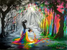 a painting of a woman in the woods holding a watering can with bright colors on it