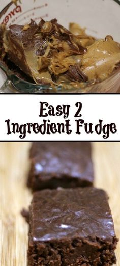 easy 2 ingredient fudge brownies with chocolate frosting on top and in the middle