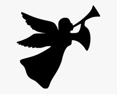 the silhouette of an angel with a trumpet in it's hand, on a white background