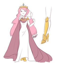 a drawing of a princess with pink hair and a tiara on her head, standing next