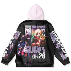 the back of a black and white hoodie with anime characters printed on it,