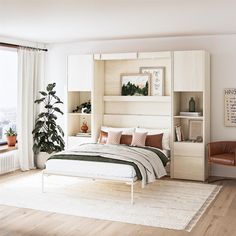 a bedroom with a bed, chair and bookcase in the corner next to a window