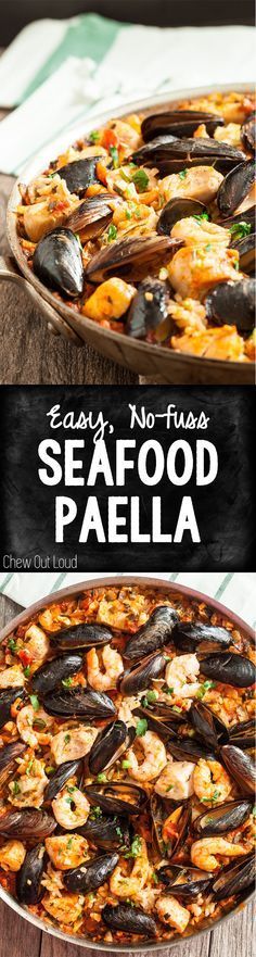 seafood paella in a skillet with text overlay