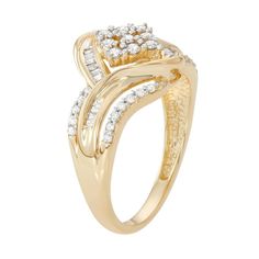 Adorned with a cluster of round- and baguette-cut diamonds, this 10k gold ring abounds with scintillating style. Click on this JEWELRY & WATCHES GUIDE to learn about fit, styles, materials and more!RING DETAILS Width: .51 in. Metal: 10k gold Plating: rhodium Packaging: boxed DIAMOND DETAILS Total weight: 1/2 ct. Shape: round, baguette cut Color grade: I-J Clarity: I3 Setting: prong, channel Gemstones may have been treated to enhance their appearance. Special care may be required. Please visit ou Formal Cluster Diamond Ring With Baguette Diamonds, Anniversary Cluster Ring With Baguette Diamonds, Elegant Cluster Diamond Ring With Baguette Diamonds, Baguette Diamond Cluster Ring For Anniversary, Elegant Cluster Baguette Diamond Ring, Elegant Baguette Diamond Cluster Ring, Diamond White Cluster Ring With Baguette Diamonds For Promise, Gold Cluster Rings With Baguette Diamonds, Diamond Cluster Ring With Baguette Diamonds