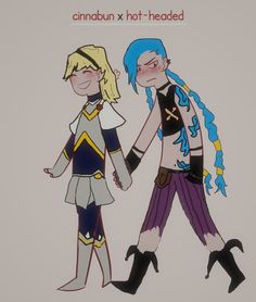 two cartoon characters are holding hands and one has blue hair, the other is blonde