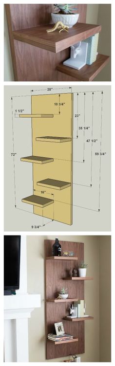 three different shelves are shown with the measurements for each shelf, and one is built into the wall