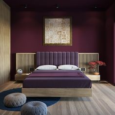 a bedroom with purple walls and wooden flooring in the center, along with a large bed that has an upholstered headboard on it's side