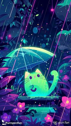 a green cat holding an umbrella in the rain with purple and blue flowers around it