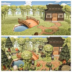 two different views of a japanese garden with a bridge over a pond and a small house on the other side