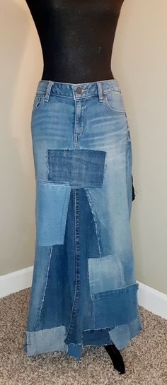 Size 9-10 Long Upcycled Denim Skirt, Long Denim Skirt, Refashioned Denim, Vintage Patchwork  Jean Skirt, Birthday Gift For Women This fun skirt is made of slightly used jeans. A long patchwork skirt of upcycled denim made of various shades of denim with abrasions and additionally frayed. Denim pieces have been reused to create a beautiful unique skirt. All my works are sewn only by me I can custom-make this skirt for you in your pants size.  Yours will vary slightly, but it will be really simila Denim Blue Patchwork Denim Skirt, Dark Wash Patchwork Denim Skirt, Dark Wash Denim Skirt With Patchwork, Casual Reworked Blue Denim Skirt, Casual Blue Reworked Denim Skirt, Denim Blue Patchwork Skirt From Recycled Denim, Recycled Denim Patchwork Denim Skirt, Patchwork Denim Skirt In Recycled Denim Blue, Recycled Denim Patchwork Skirt