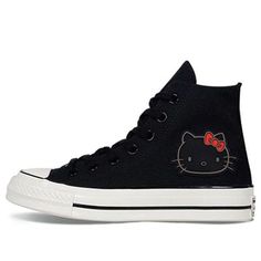 Hello Kitty fans rejoice! In 2018, Converse and Sanrio teamed up to create the cutest line of shoes ever. The Converse Hello Kitty x Chuck 70 Hi Top 'Black Edition' is a must-have for any fan of the iconic character. The shoes feature a classic black canvas upper with a Hello Kitty patch over the quarter panel. The look is completed by a white rubber toe cap and white vulcanized rubber sole with a black pinstripe and heel tag. These shoes are sure to put a smile on your face every time you slip them on. (SNKR/Retro/Skate/Unisex/High Top) Black High-top Custom Sneakers With Embroidered Logo, Black Custom Sneakers With Embroidered Logo, Black Custom Lace-up Sneakers With Embroidered Logo, Black Lace-up Custom Sneakers With Embroidered Logo, Cute Black Lace-up Sneakers, Black Casual Custom Sneakers With Embroidered Logo, Casual Black Custom Sneakers With Embroidered Logo, Black Cute Low-top Sneakers, Cute Black Low-top Sneakers