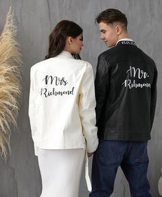 Wedding Jackets, Mr and Mrs Custom Faux Leather Jackets, Groom and Bride Jackets,  Honeymoon jackets, Bridal jacket, Groom jacket- autumn 🌟About🌟      Looking for the perfect addition to your bridal ensemble? Look no further than our Customized Mrs and Mr Faux Leather Jackets. These stunning piece is the perfect way to add a personal touch to your special day.        Crafted from high-quality materials , our Customized Mr and Mrs Jackets features a sleek and modern design that is sure to turn Fall Wedding White Outerwear, White Fall Wedding Outerwear, Customized Jacket, Modern Bride And Groom, Mens Pjs, Wedding Jackets, Faux Leather Jacket Women, Bride Jacket, Groom And Bride