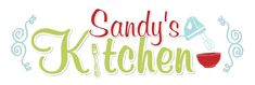 the sandy's kitchen logo is shown in red, green and blue letters that read sandy's kitchen