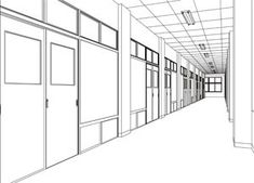 a line drawing of a long hallway with doors and windows on the wall, leading to another room