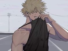 an anime character is holding his shirt open