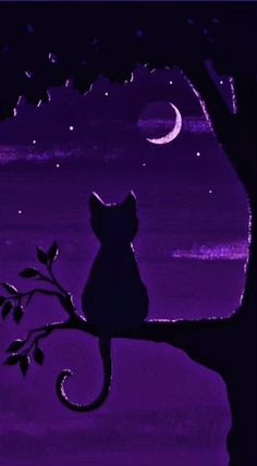 a cat sitting on top of a tree branch in front of a moon and stars