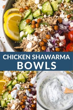 chicken shawarma bowls with cucumber, tomatoes and chickpeas in a bowl