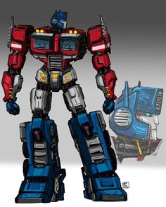 a drawing of a robot that is standing next to a blue and red car with lights on