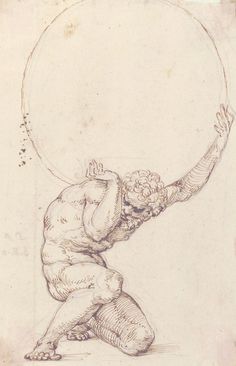 a drawing of a man holding a circular object above his head and hands in the air