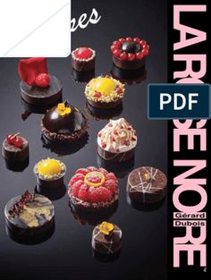 an image of cakes and pastries on a black background