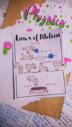 a piece of paper with pictures of dogs on it and the words physis laws of motion