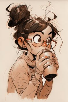 a drawing of a woman drinking from a coffee cup with her eyes closed and hair in pigtails