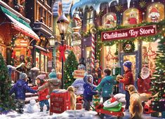 a christmas toy store with people and dogs