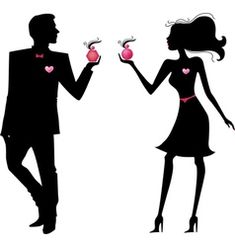 a man and woman in silhouette with hearts on their hands, one holding an apple