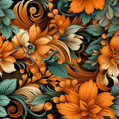 an orange and green floral pattern on black background with swirls, leaves and flowers