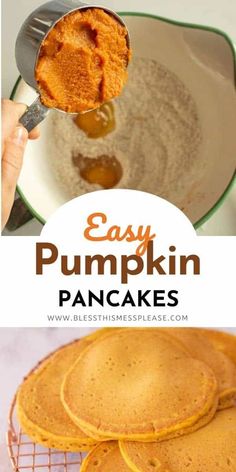 pumpkin pancakes with syrup being drizzled over them on a wire rack and in a bowl